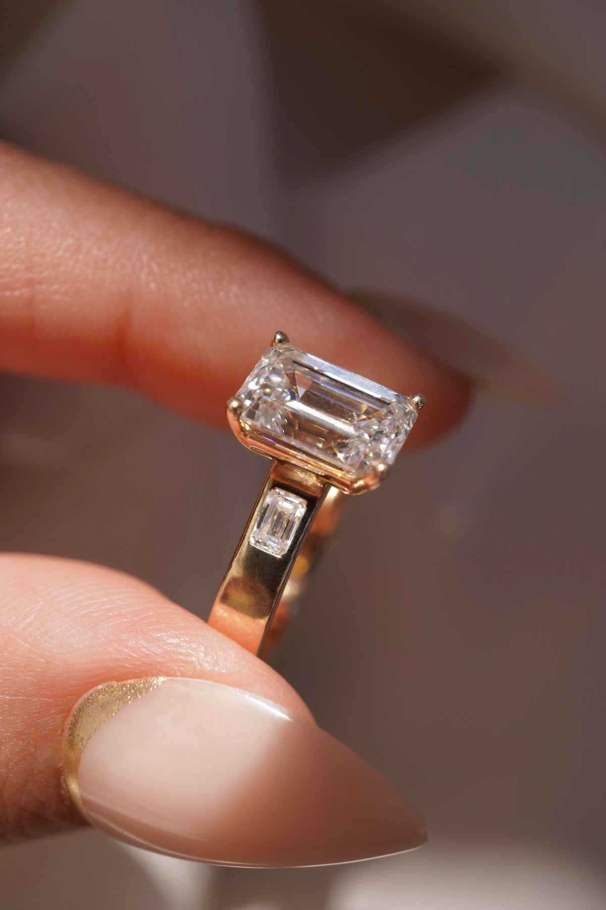 Emerald Three Stone Diamond Engagement Ring