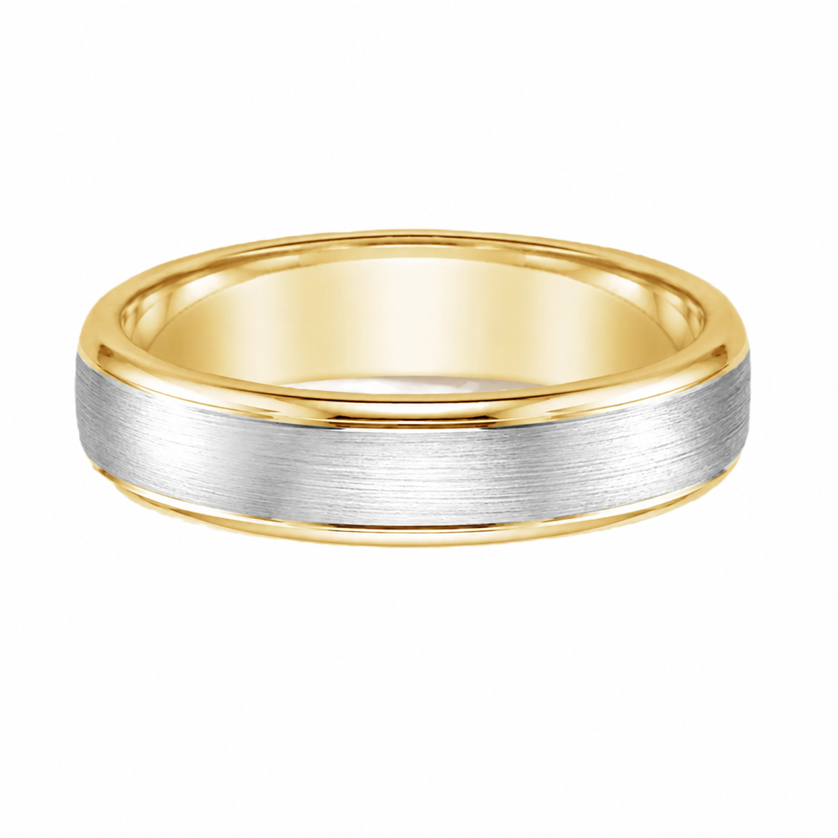 Two Tone Step Edge Band with a brushed white gold center and polished yellow gold edges