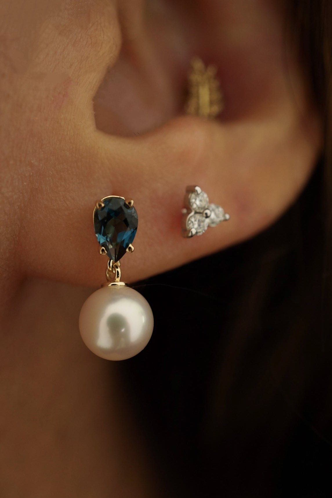 London Blue Pear and Pearl Drop Earrings