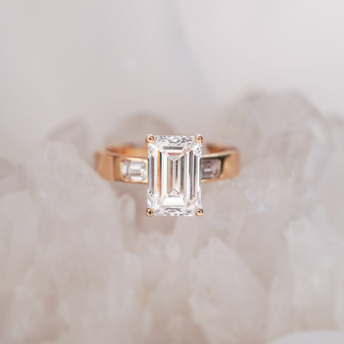 Emerald Three Stone Diamond Engagement Ring