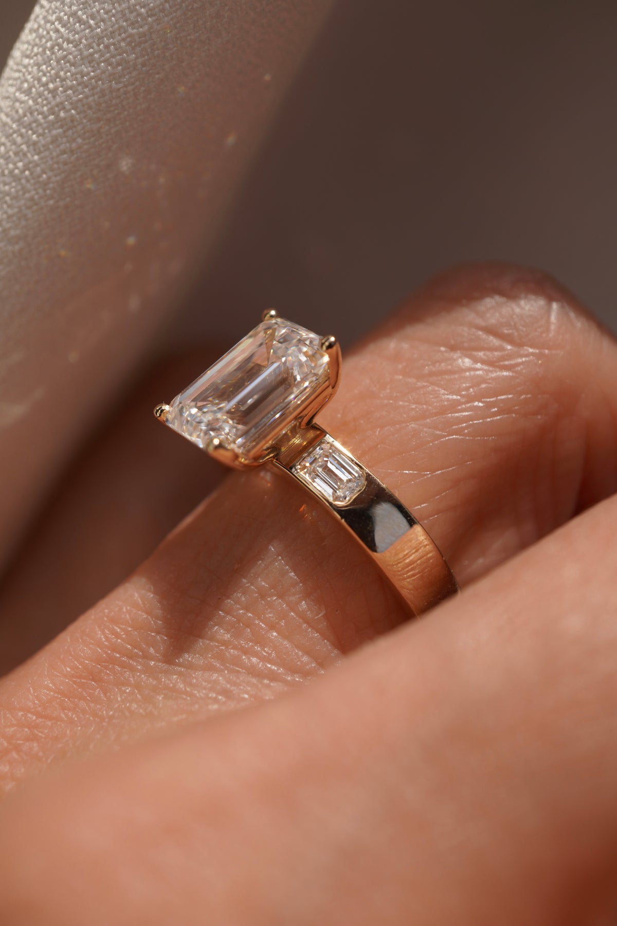 Emerald Three Stone Diamond Engagement Ring
